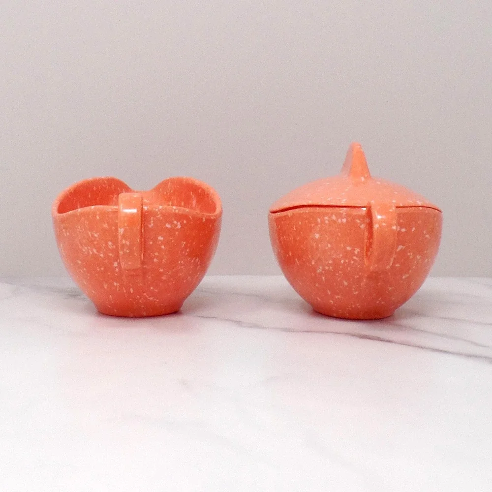 Vintage Joan Luntz Gaiety Melmac / Melamine Cream and Sugar Set, Speckled Coral